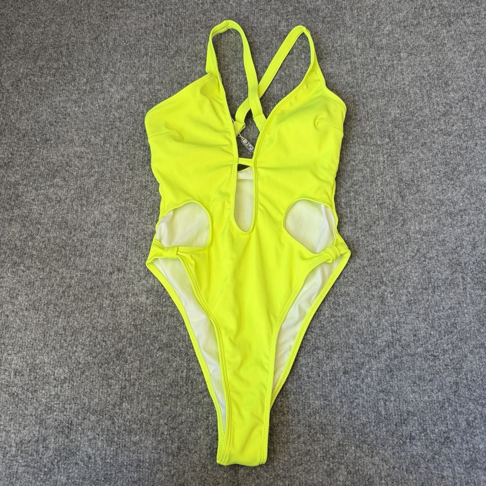 Yria Swim One Piece Women Size S Neon Yellow Cutout Ribbed Monokini NWT L083